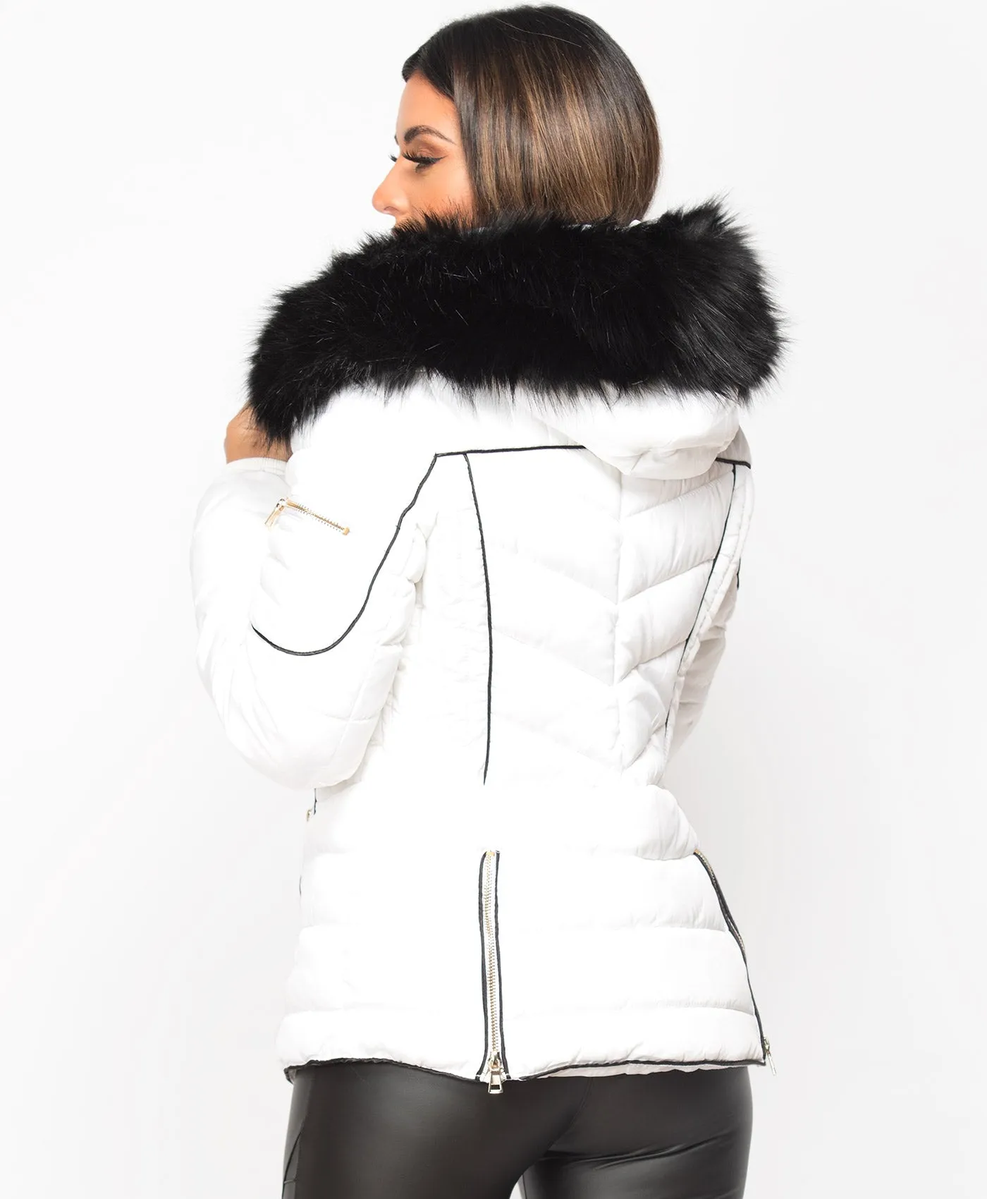 White Fur-Lined Puffer Jacket with Hood