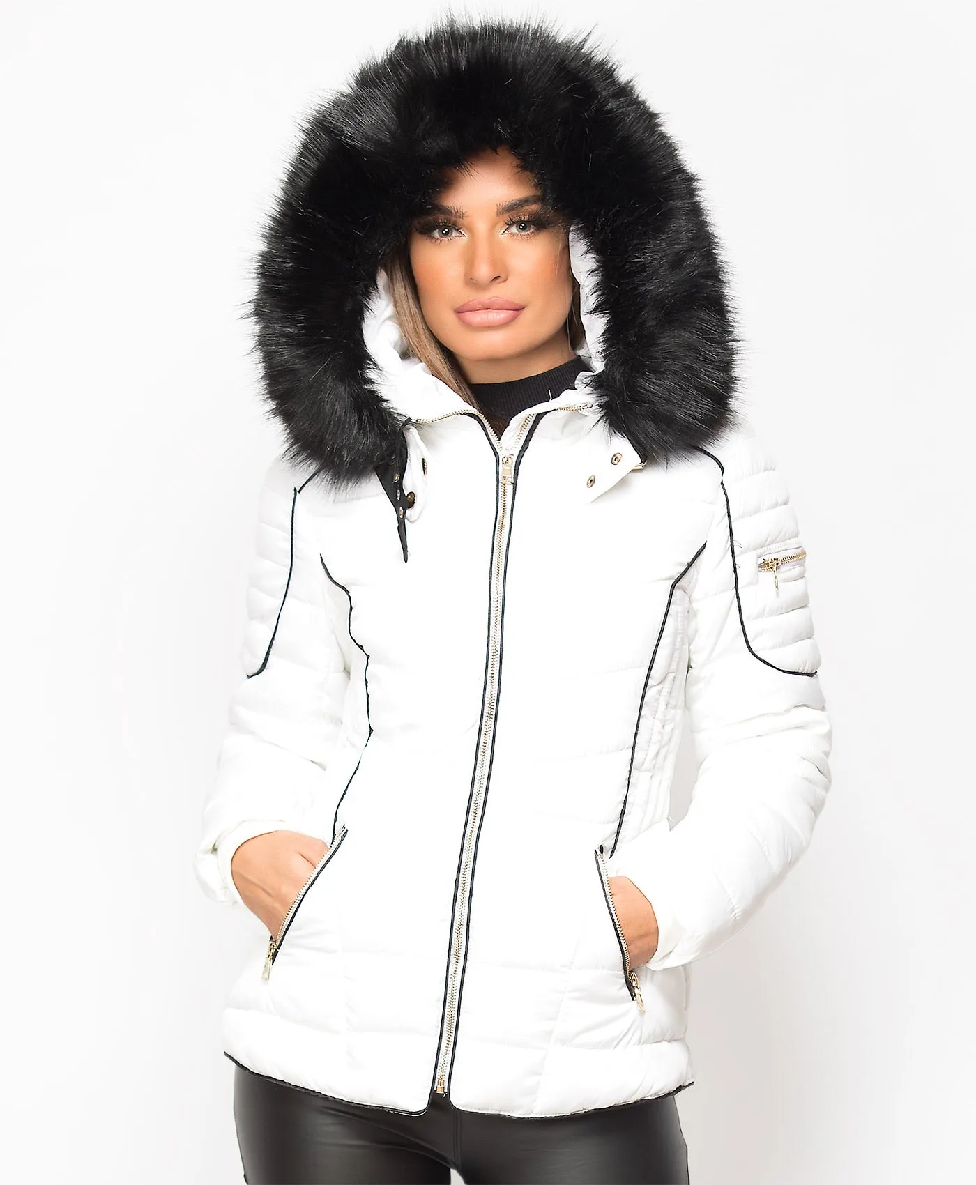 White Fur-Lined Puffer Jacket with Hood