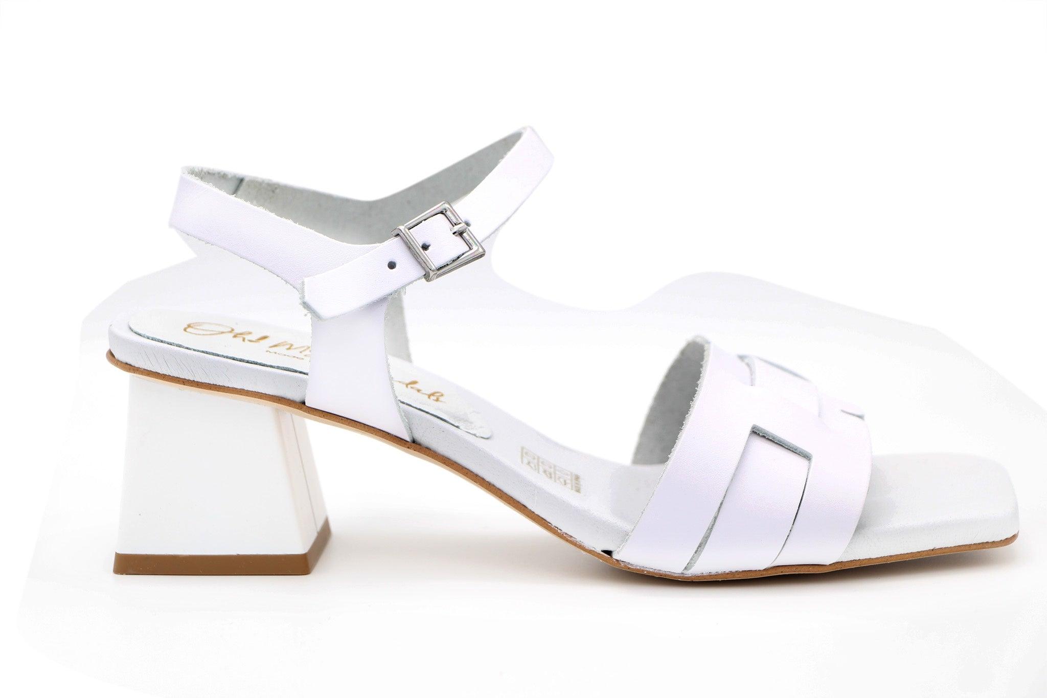 White leather block heel sandals