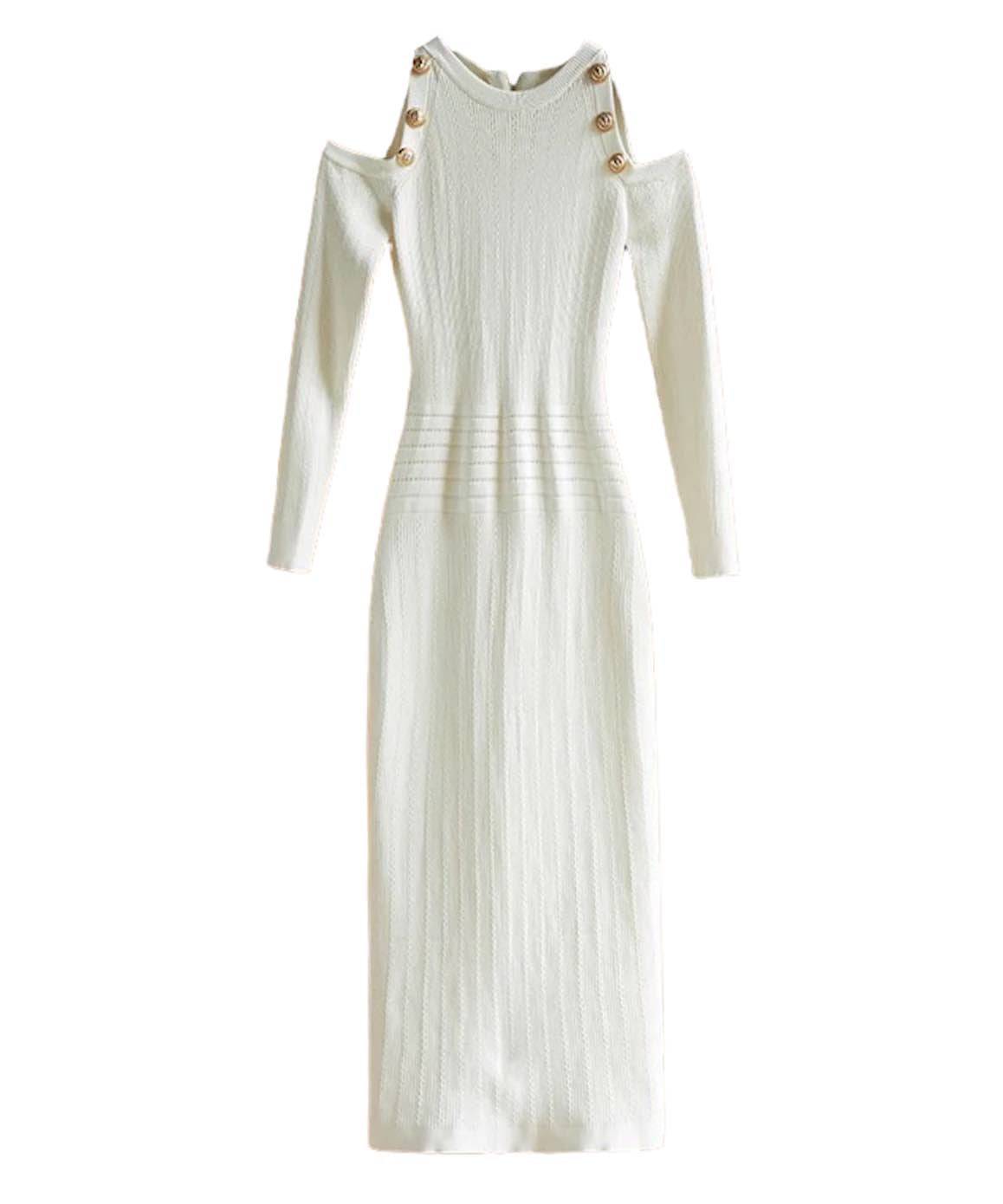 White Open Shoulder Long Knit Dress