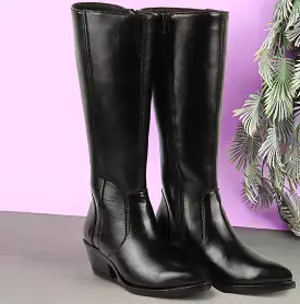 Women Black Knee Length Side Zip Flared Heel Boots