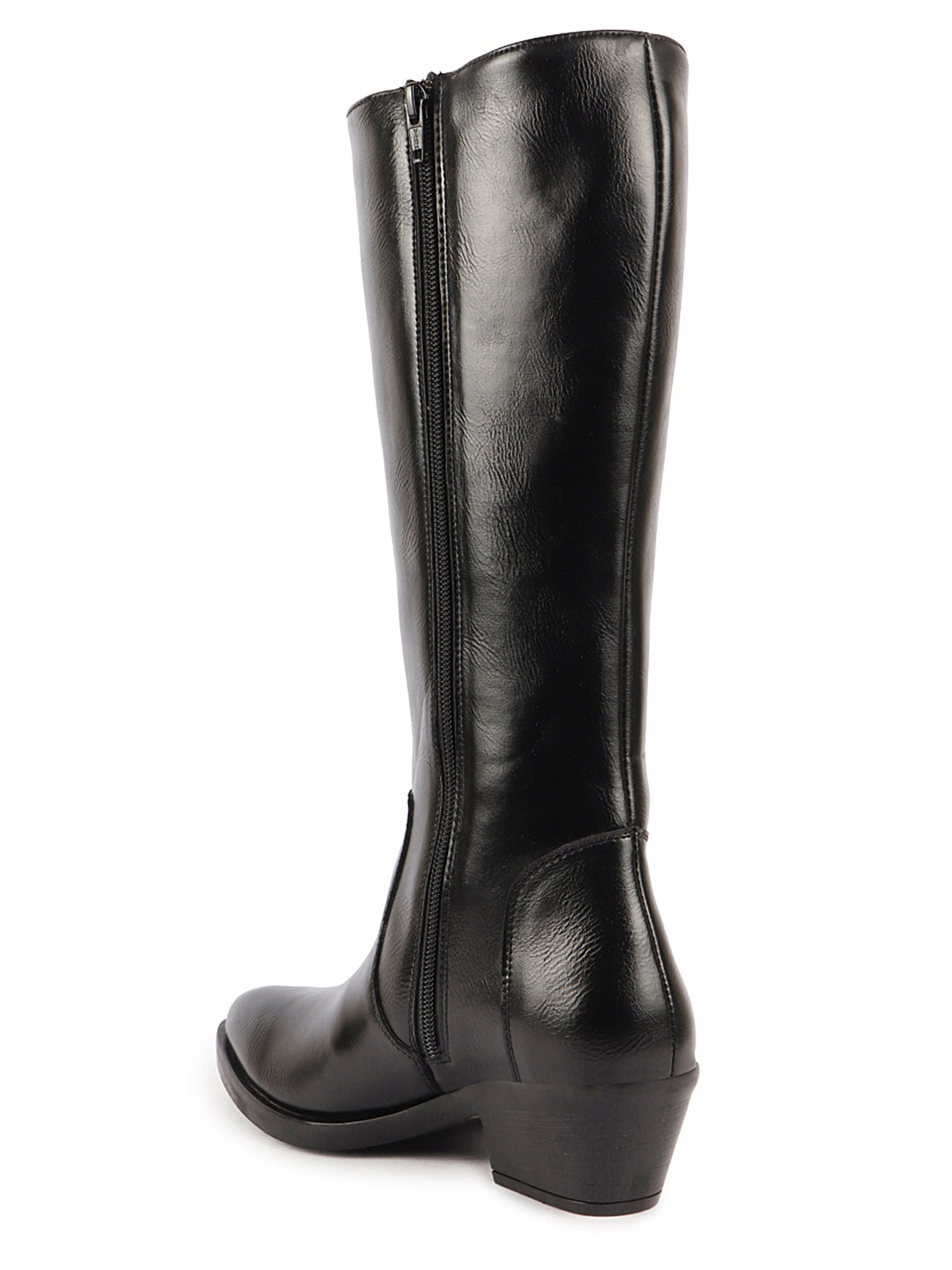 Women Black Knee Length Side Zip Flared Heel Boots