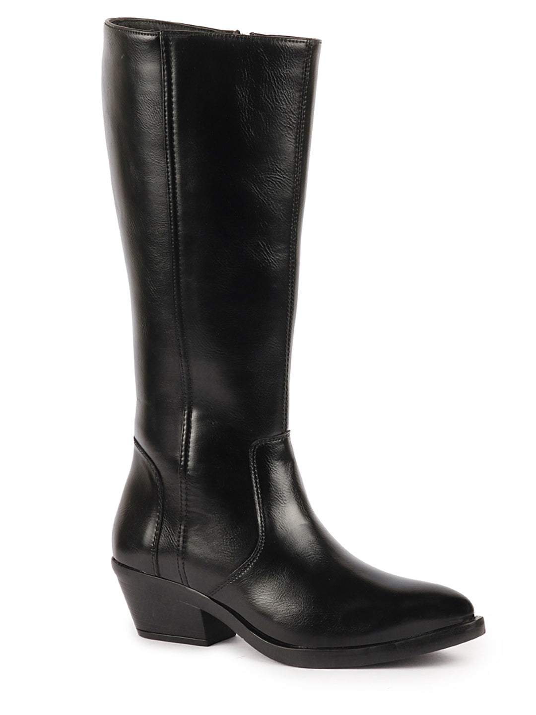 Women Black Knee Length Side Zip Flared Heel Boots