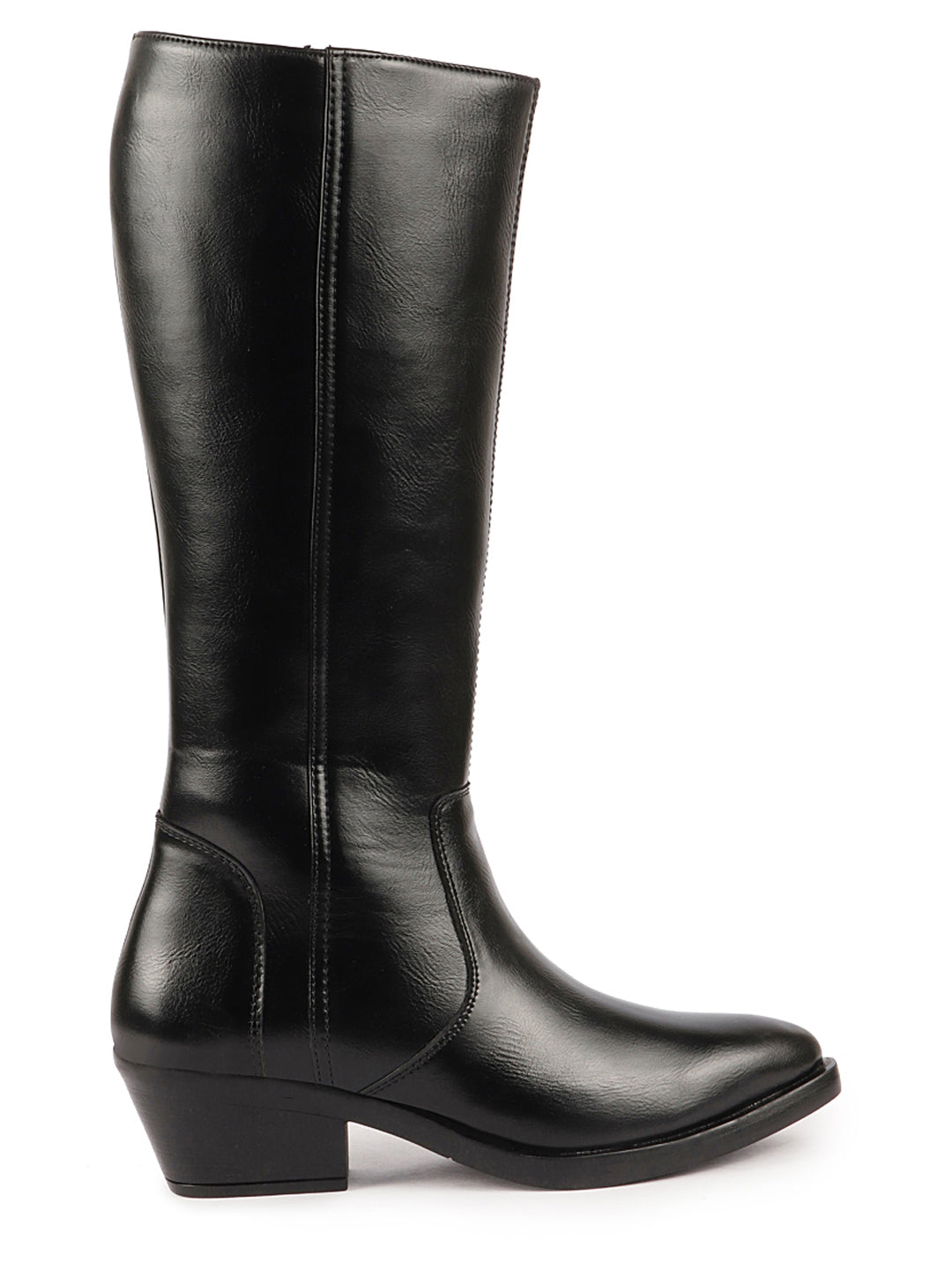 Women Black Knee Length Side Zip Flared Heel Boots