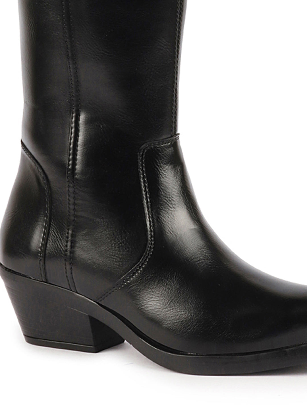 Women Black Knee Length Side Zip Flared Heel Boots