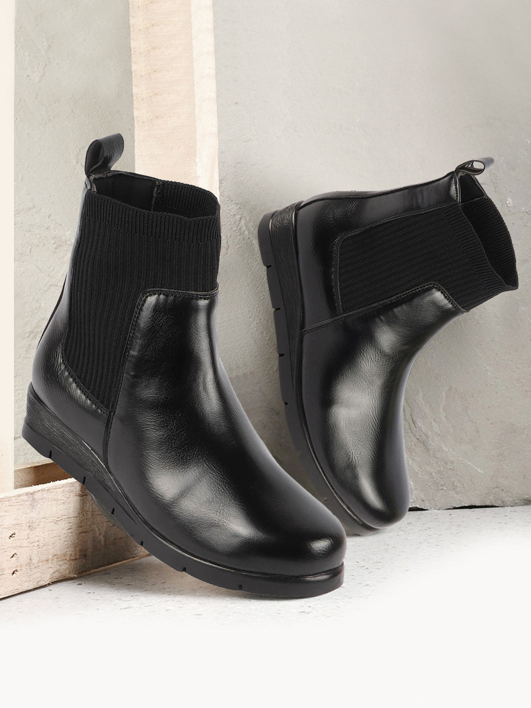 Women Black Mid Top Socks Collar Wide Fit Slip On Wedge Heel Chelsea Boots