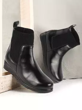 Women Black Mid Top Socks Collar Wide Fit Slip On Wedge Heel Chelsea Boots