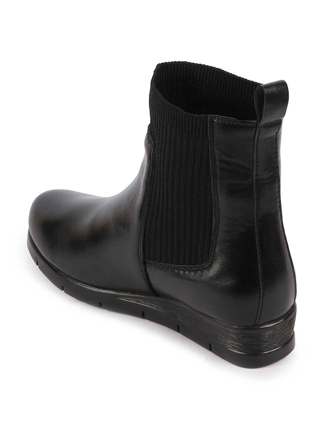 Women Black Mid Top Socks Collar Wide Fit Slip On Wedge Heel Chelsea Boots