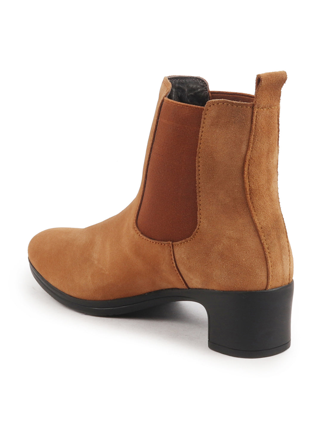 Women high heel ankle boots, tan suede leather, winter Chelsea style, flared heel