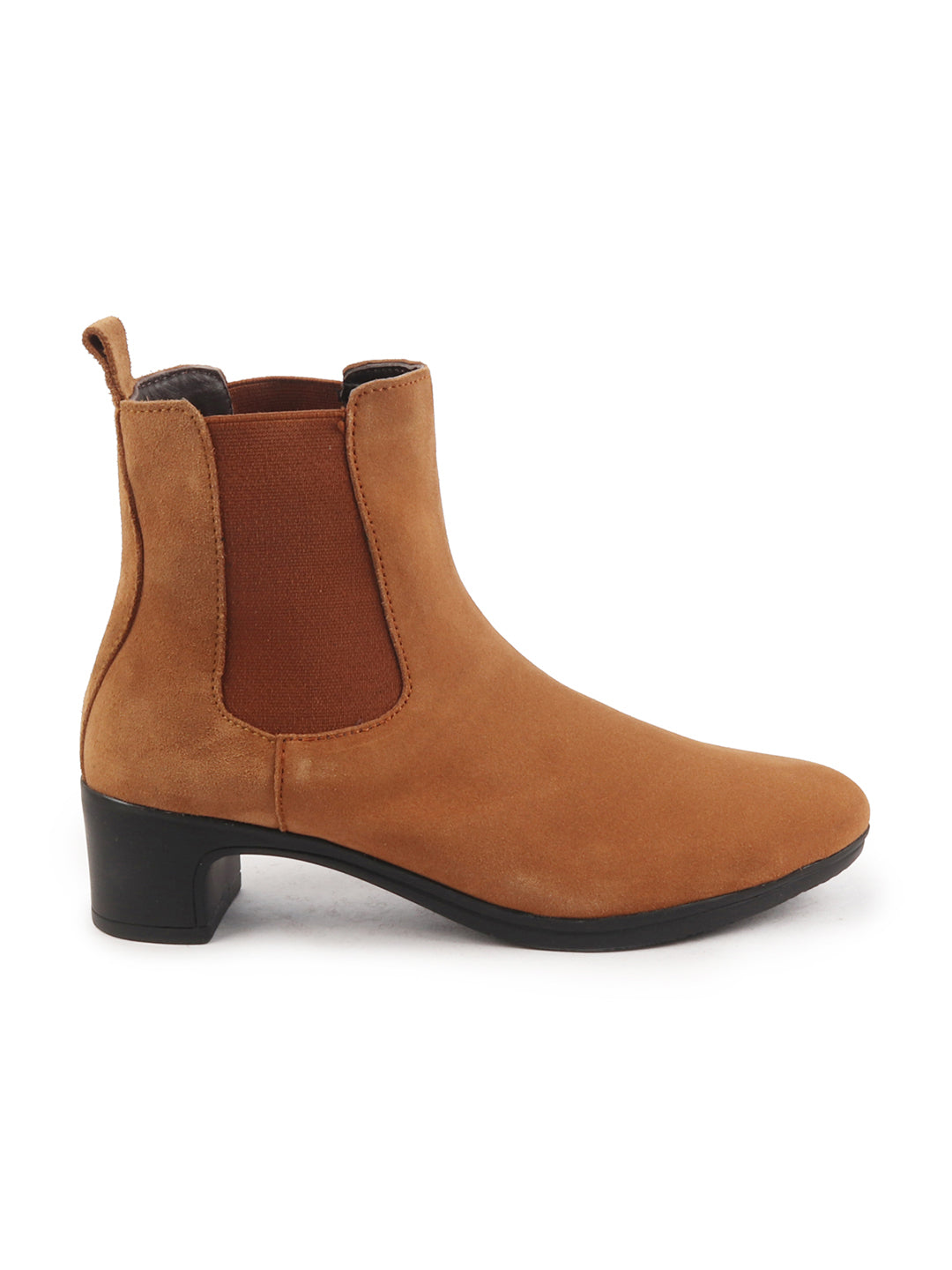 Women high heel ankle boots, tan suede leather, winter Chelsea style, flared heel