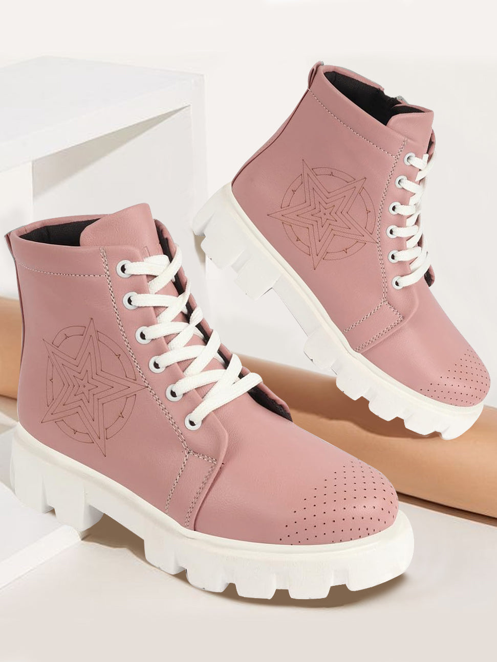 Women Pink Winter Chunky Lace Up Boots - Outdoor High Top Casual