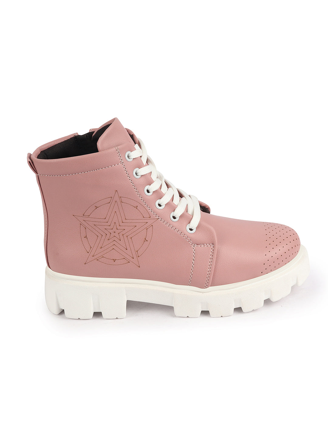 Women Pink Winter Chunky Lace Up Boots - Outdoor High Top Casual