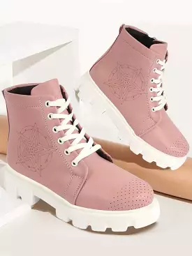 Women Pink Winter Chunky Lace Up Boots - Outdoor High Top Casual