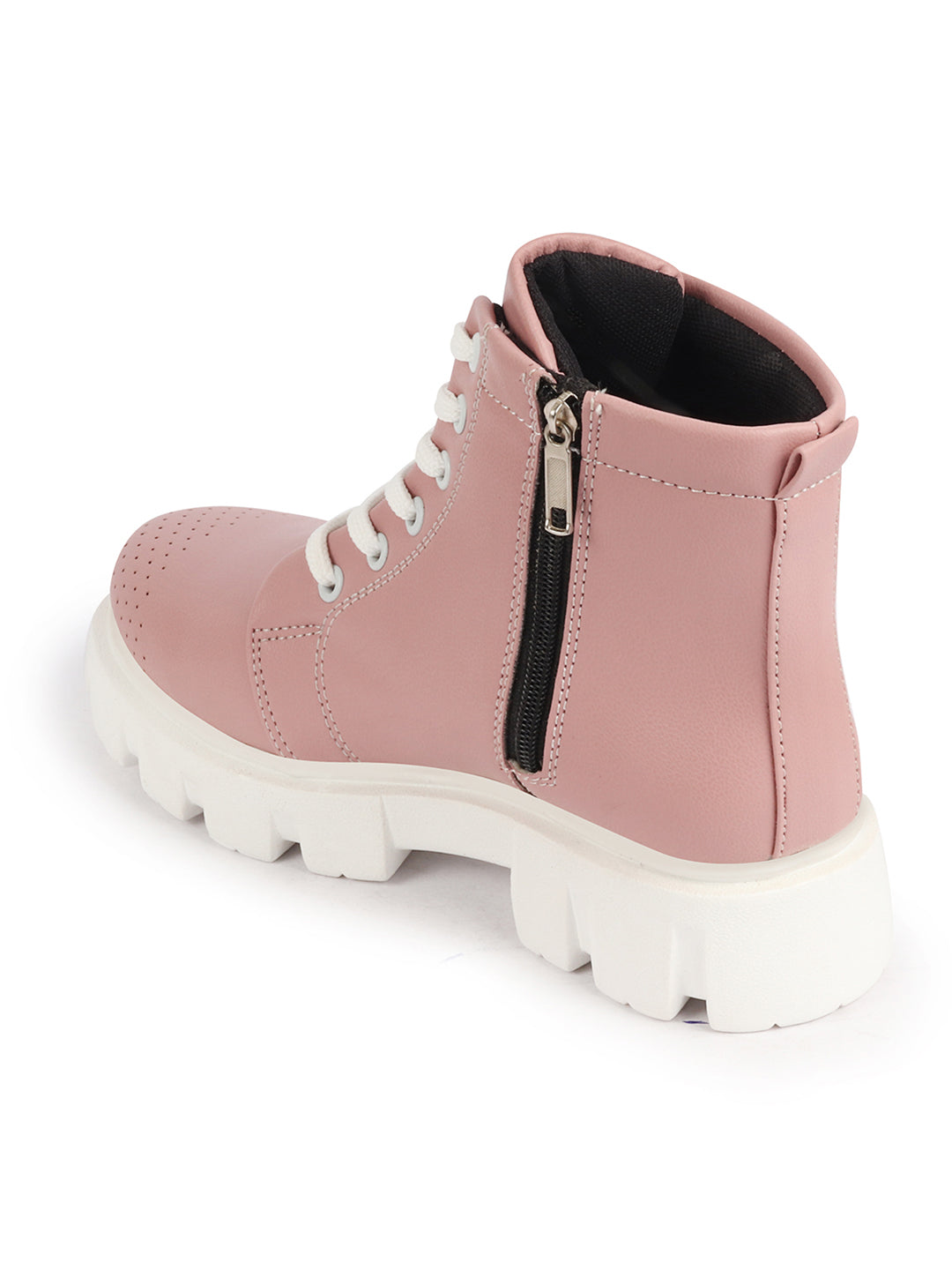 Women Pink Winter Chunky Lace Up Boots - Outdoor High Top Casual