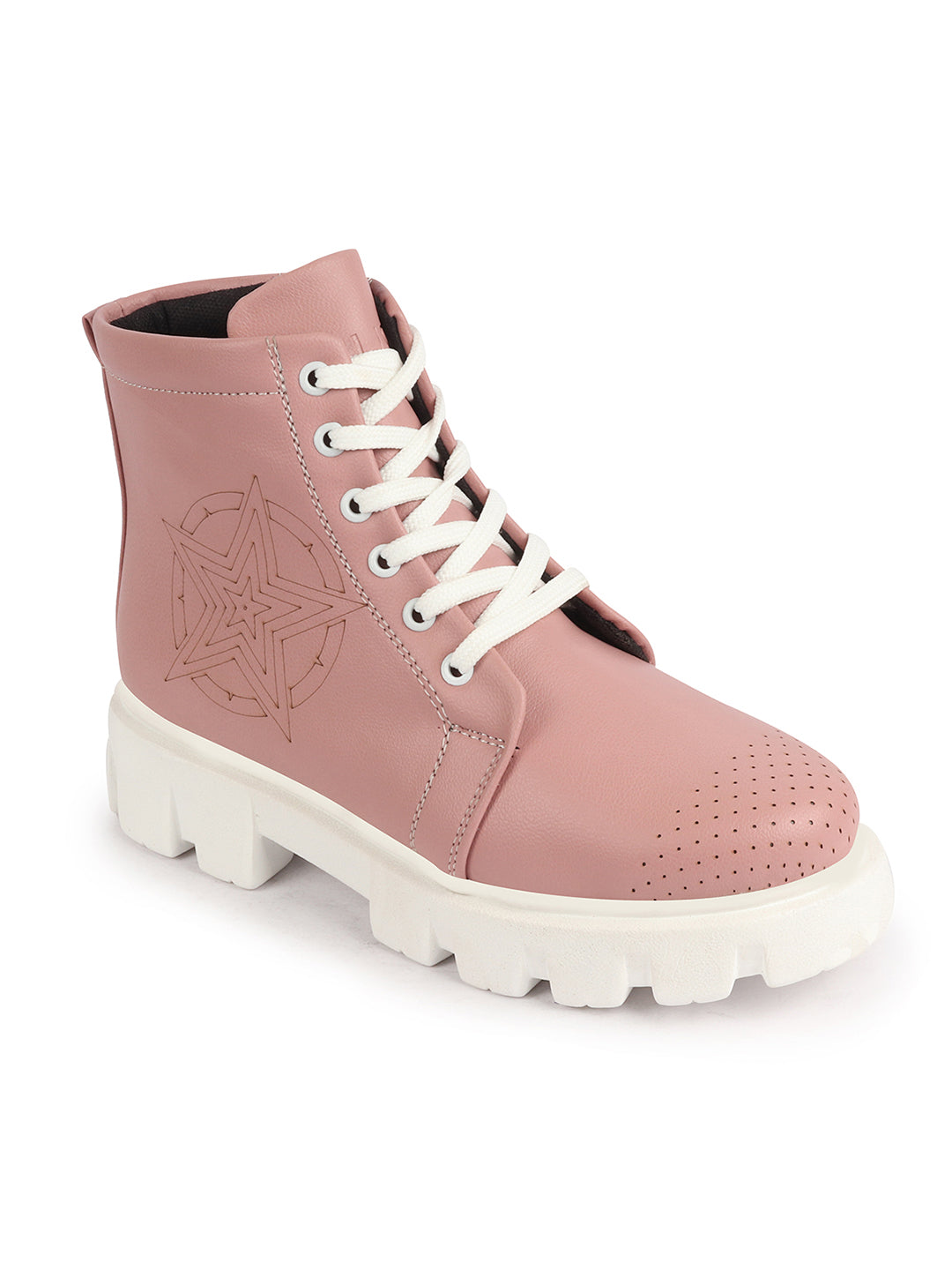 Women Pink Winter Chunky Lace Up Boots - Outdoor High Top Casual