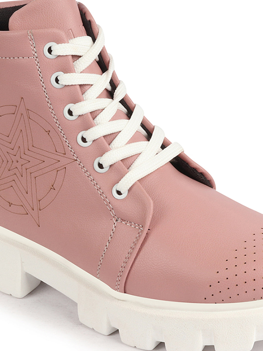 Women Pink Winter Chunky Lace Up Boots - Outdoor High Top Casual