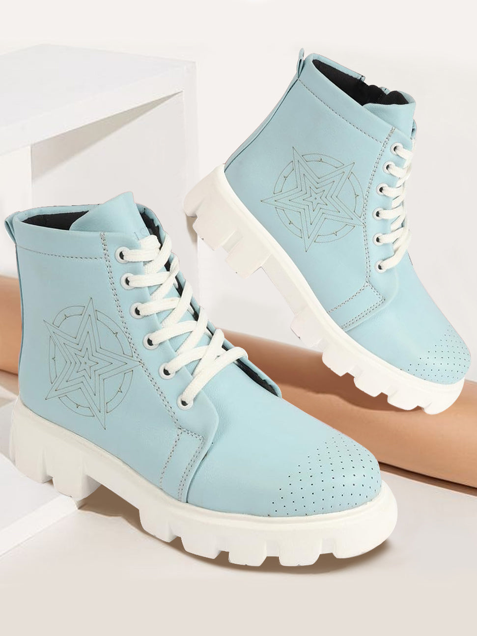 Women Winter High Top Casual Boots in Sky Blue, Chunky Lace Up, Outdoor