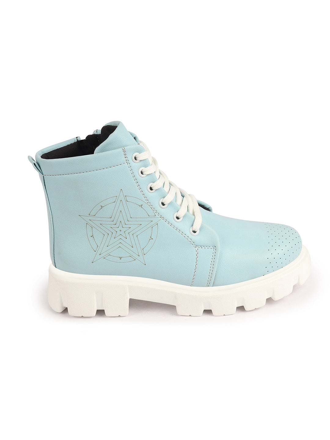 Women Winter High Top Casual Boots in Sky Blue, Chunky Lace Up, Outdoor