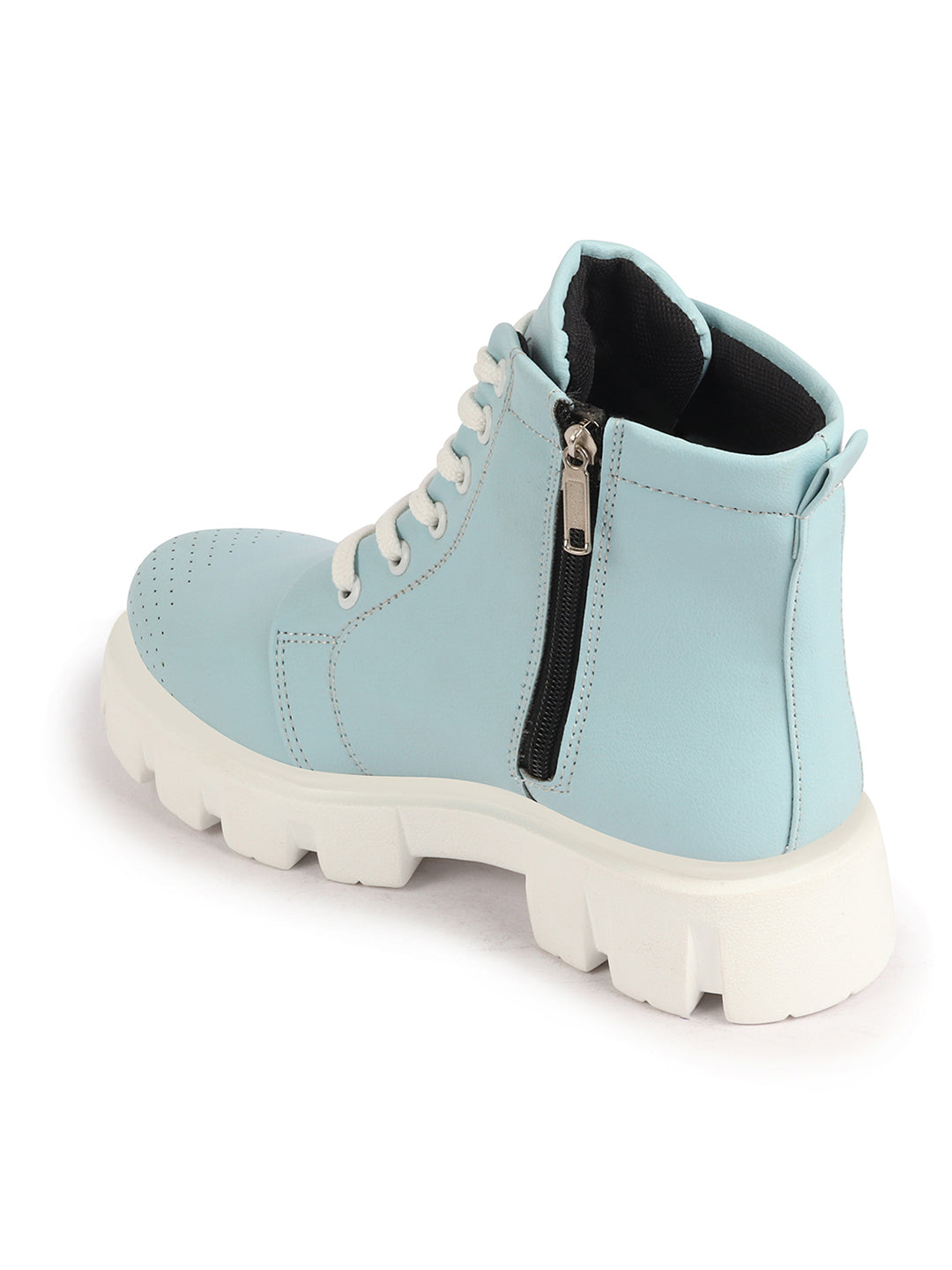 Women Winter High Top Casual Boots in Sky Blue, Chunky Lace Up, Outdoor