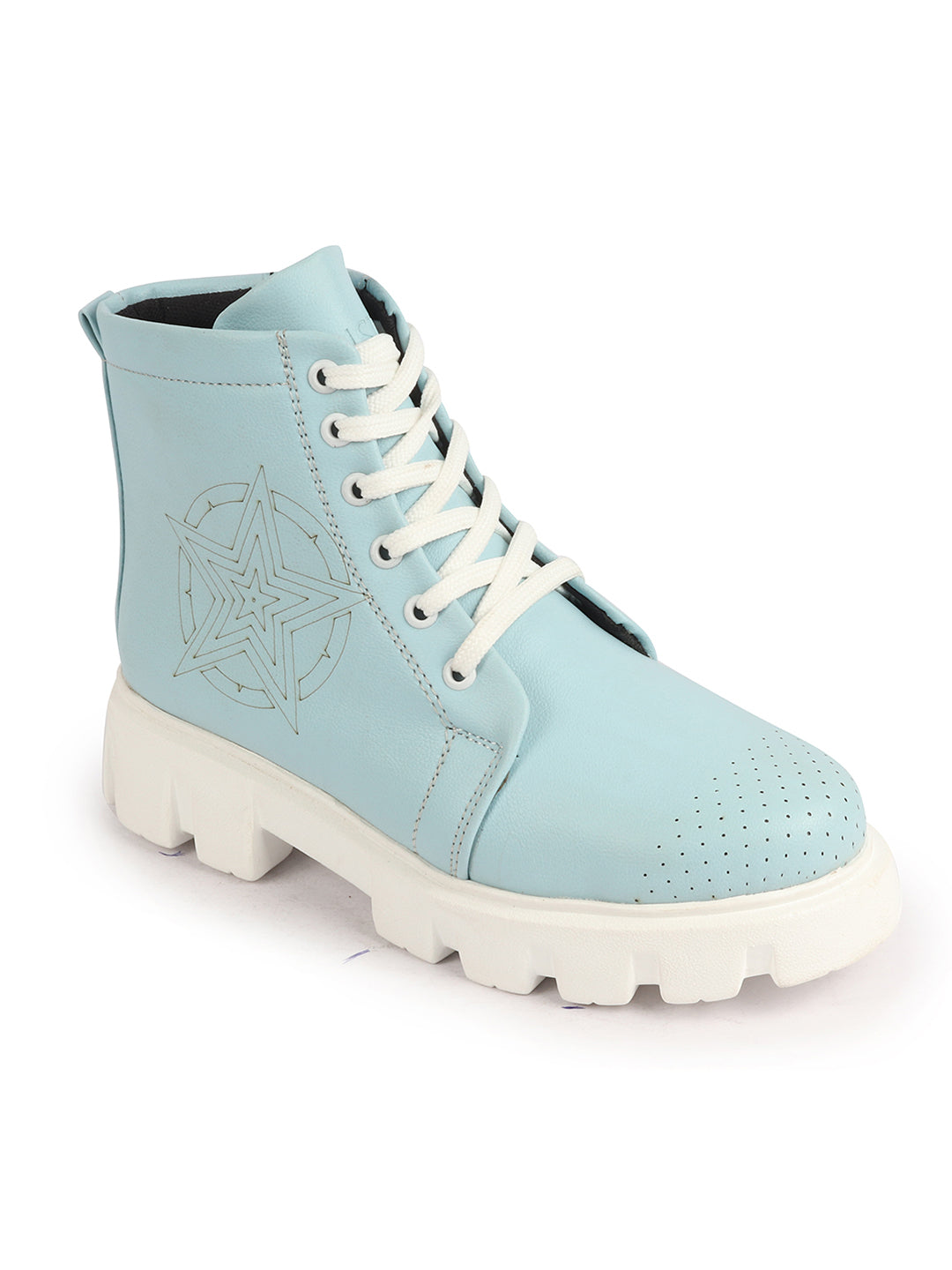 Women Winter High Top Casual Boots in Sky Blue, Chunky Lace Up, Outdoor