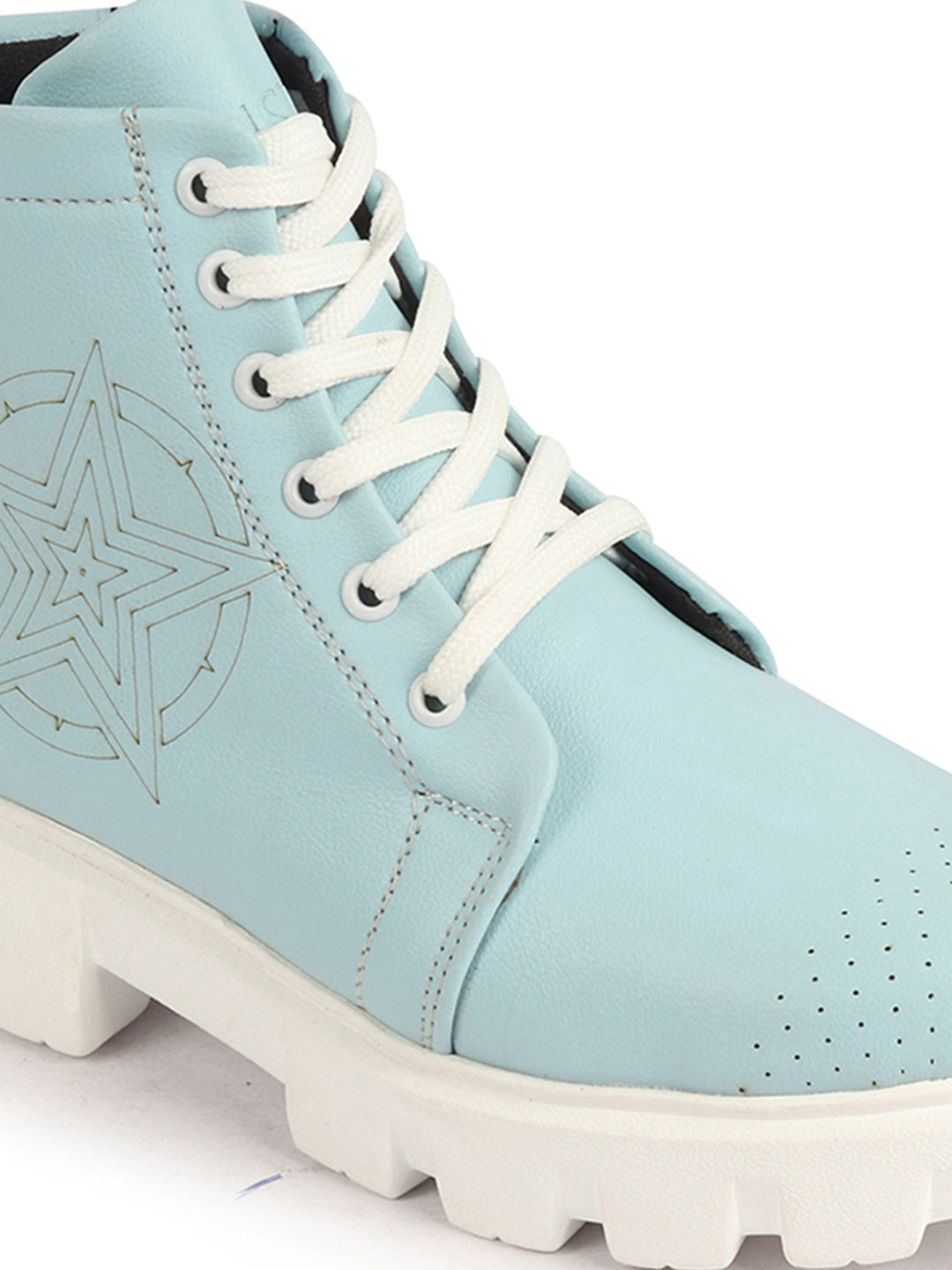 Women Winter High Top Casual Boots in Sky Blue, Chunky Lace Up, Outdoor