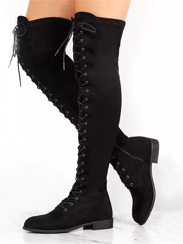 Women's lace-up over the knee boots - outdoor, daily wear, unisex, crotch high, winter, low heel, round toe, casual.