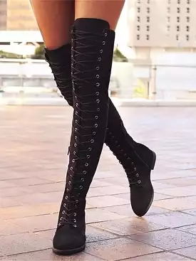 Women's lace-up over the knee boots - outdoor, daily wear, unisex, crotch high, winter, low heel, round toe, casual.