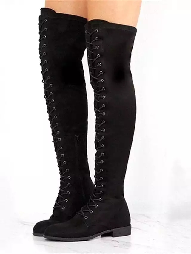 Women's lace-up over the knee boots - outdoor, daily wear, unisex, crotch high, winter, low heel, round toe, casual.