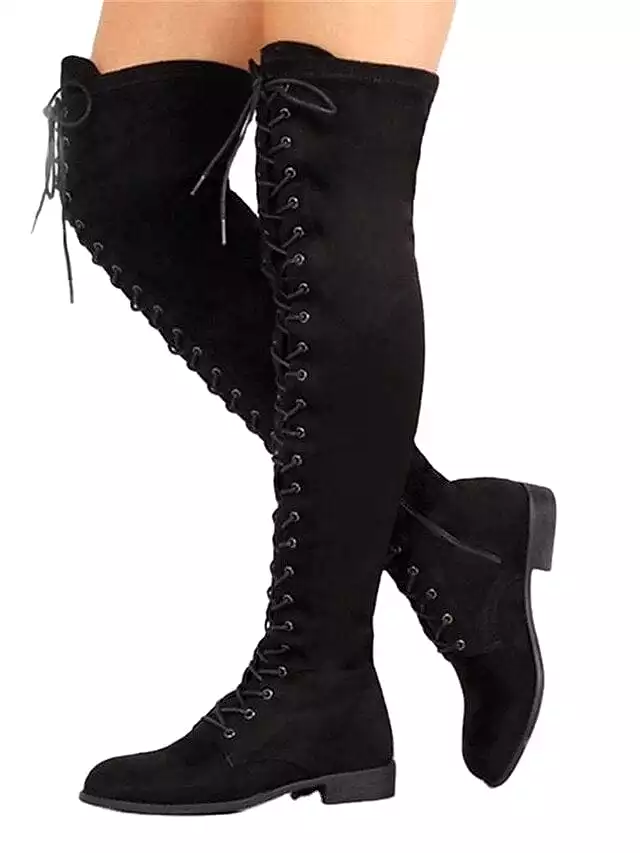 Women's lace-up over the knee boots - outdoor, daily wear, unisex, crotch high, winter, low heel, round toe, casual.