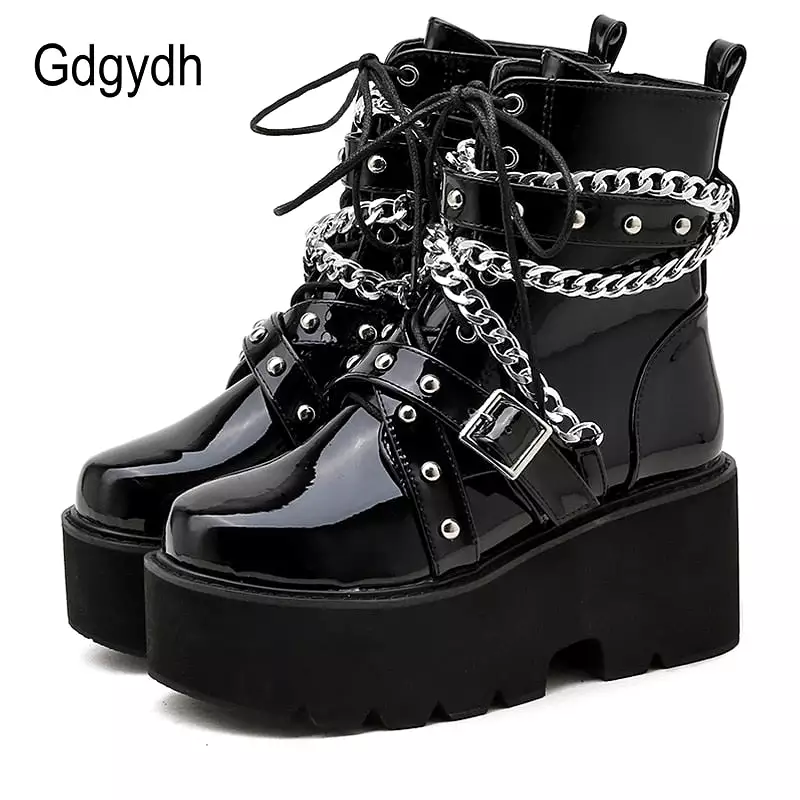 Women's Winter Boots with Chain and Buckle Strap, Ankle Square Heel Boots with Thick Sole - Platform Rock Punk Style