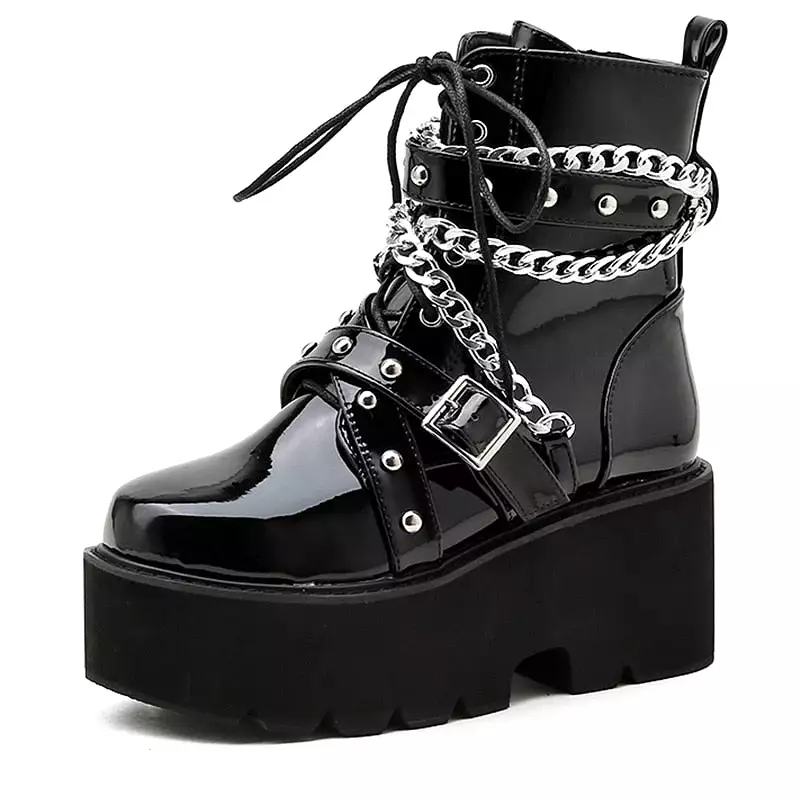 Women's Winter Boots with Chain and Buckle Strap, Ankle Square Heel Boots with Thick Sole - Platform Rock Punk Style