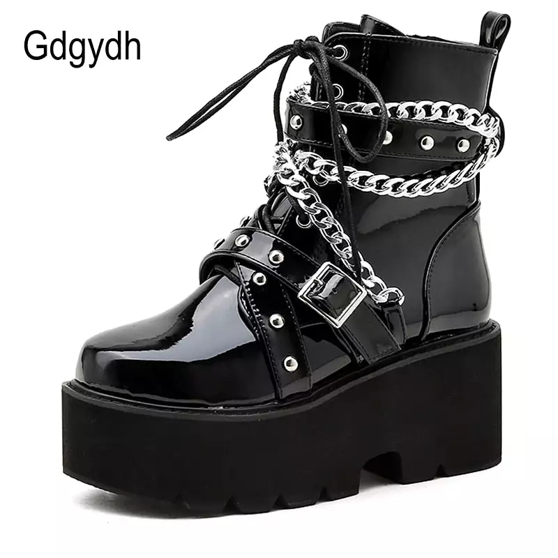 Women's Winter Boots with Chain and Buckle Strap, Ankle Square Heel Boots with Thick Sole - Platform Rock Punk Style