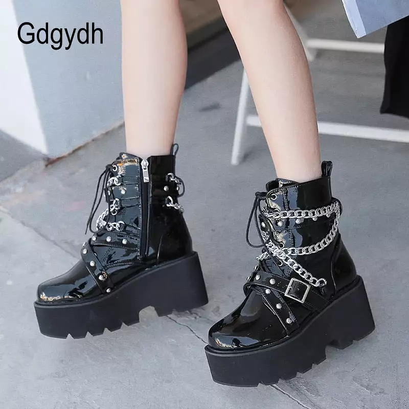 Women's Winter Boots with Chain and Buckle Strap, Ankle Square Heel Boots with Thick Sole - Platform Rock Punk Style