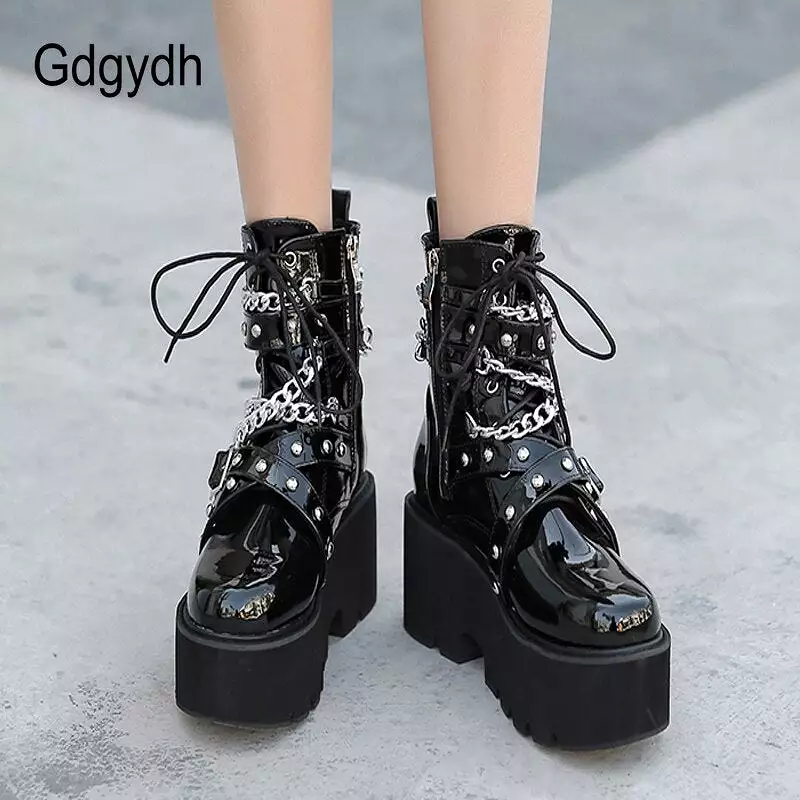 Women's Winter Boots with Chain and Buckle Strap, Ankle Square Heel Boots with Thick Sole - Platform Rock Punk Style